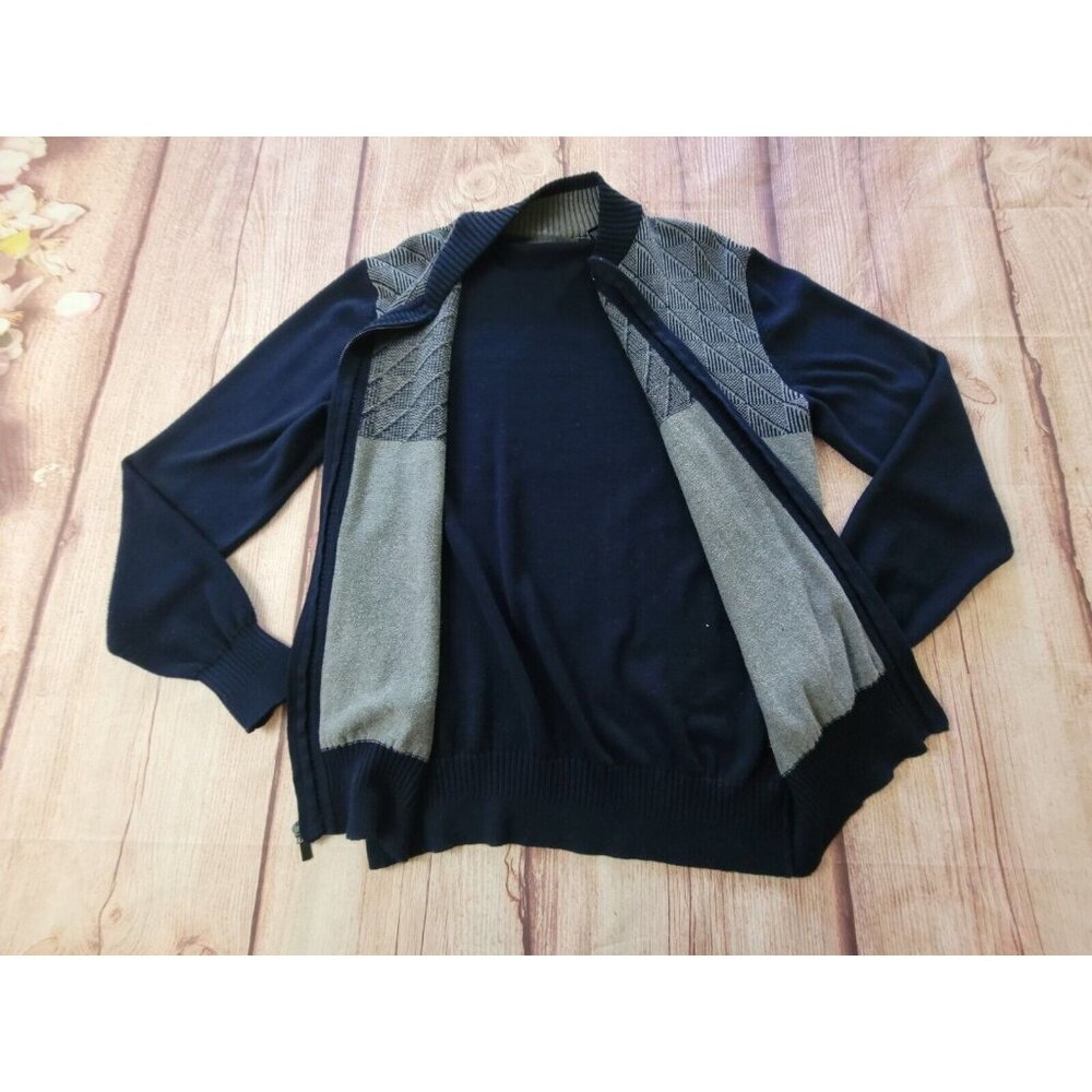 Sean John Men Sweater Full Zip Cardigan Navy Blue Gray Long Sleeve Size L - Picture 3 of 12